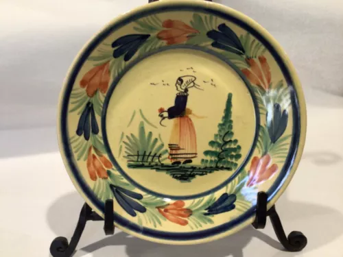 HB Henriot Quimper Soleil Yellow Breton Woman Round Salad Plate France 7.75”