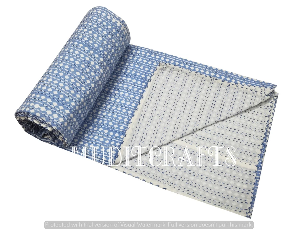 Colcha edredón Kantha de algodón indio manta estampado de lunares Kantha azul Gudari Foto 2 de 4