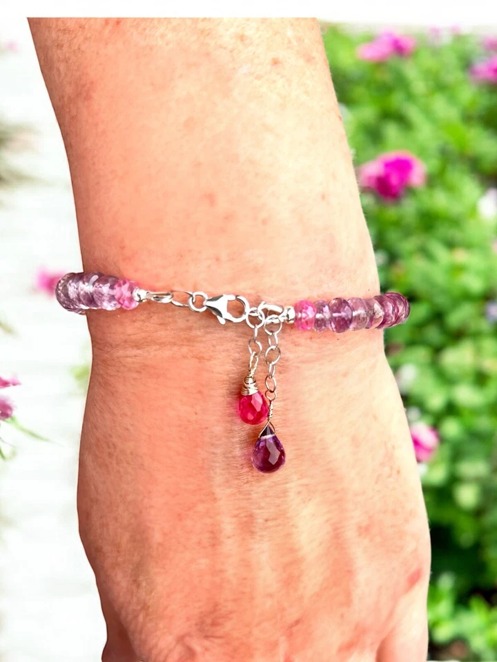 Impresionante Brazalete de Oro Blanco Sólido 18k Amatista Natural y Zafiro Rosa, 7.5" Foto 4 de 4