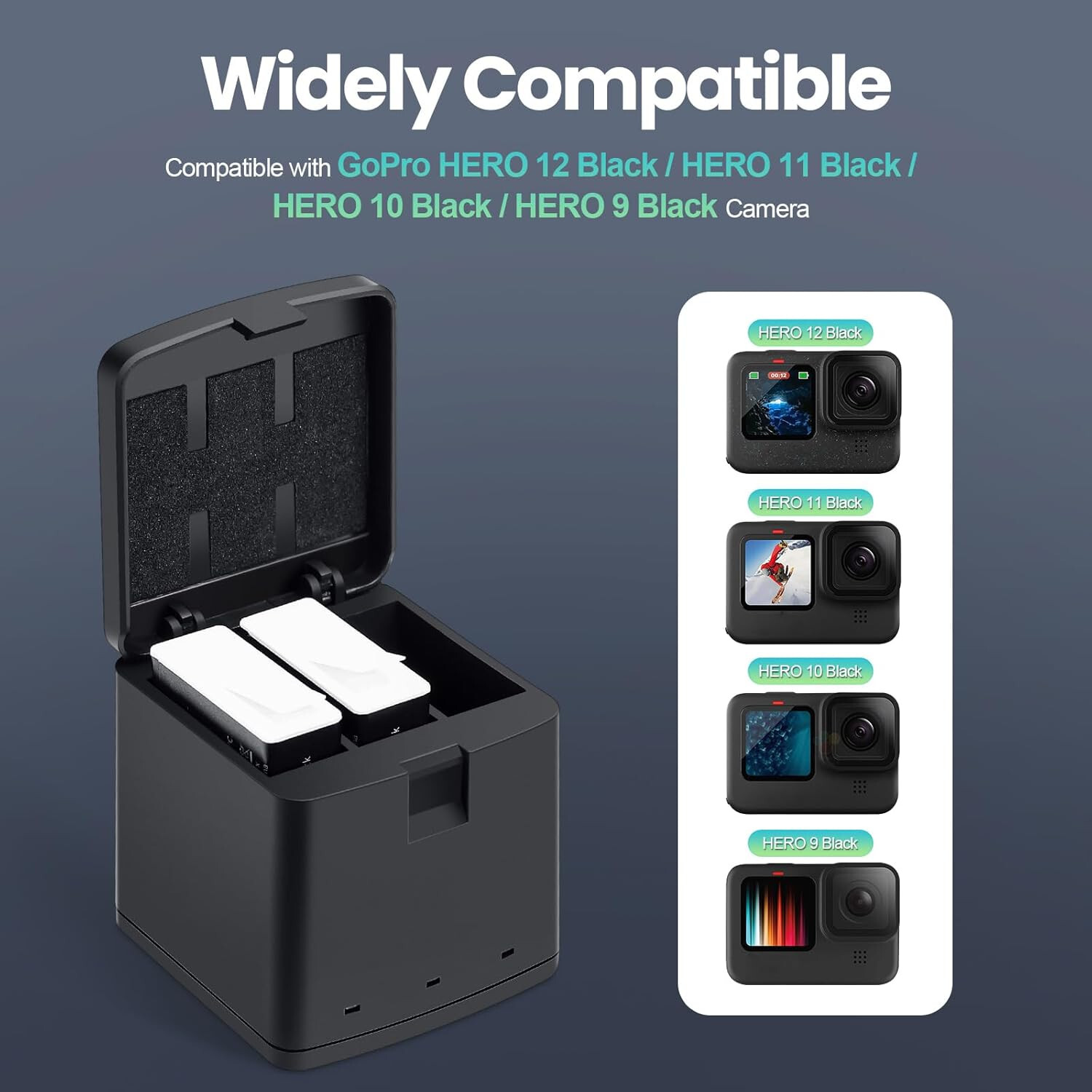 2Pack Battery For GoPro Hero 12 Black with 3 Channel Battery Charging Station