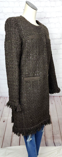 Vertigo Paris Tweed Boucle Jacket Coat Fringe Brown Silver Thread Quiet Luxury M - Picture 21 of 23