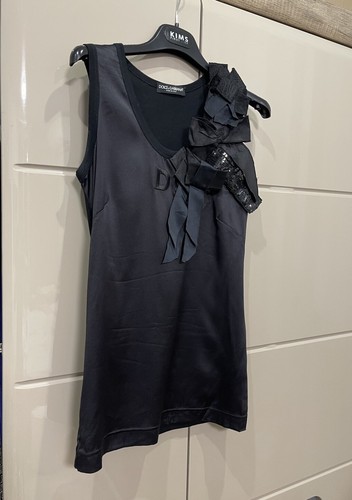 Dolce& Gabbana Silk Black Bow Sleeveless Lace Trim Top Tank Blouse Dress Sz 38 - Picture 2 of 16