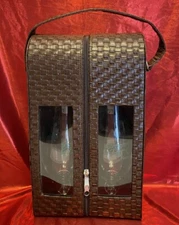 Wine Carrier Caddy Bag w/Two Pat O'Brien Hurricane Glasses Picnic Leather Holder