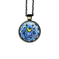 Grateful Dead Dancing Bear Necklace Antique Brass Chain  Glass Cabochon Charm