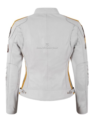 SIZMA Ladies Leather Jacket White Classic Retro Motorcycle Racer Style Jacket - Picture 8 of 9