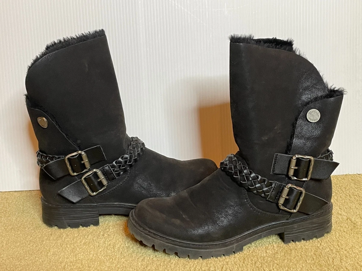 Blowfish Black Royal Combat Faux Fur Lined Mid Calf Western Biker Flat Boots 9