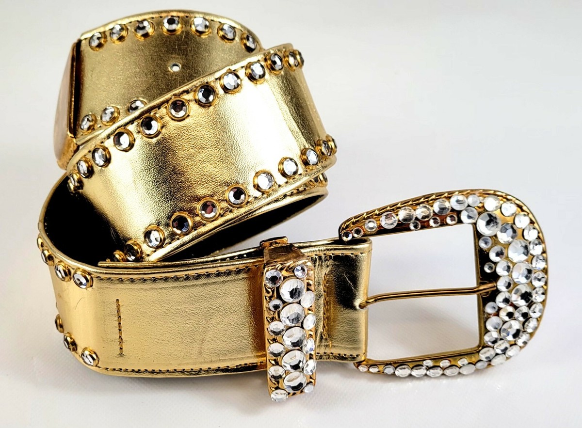 Vtg ST MAARTEN Dallas Croc Embossed Beige/White Leather Belt Gold/Silver Studs M Vintage St. Maarten Dallas Gold Leather & Studded Rhinestone  main image 2