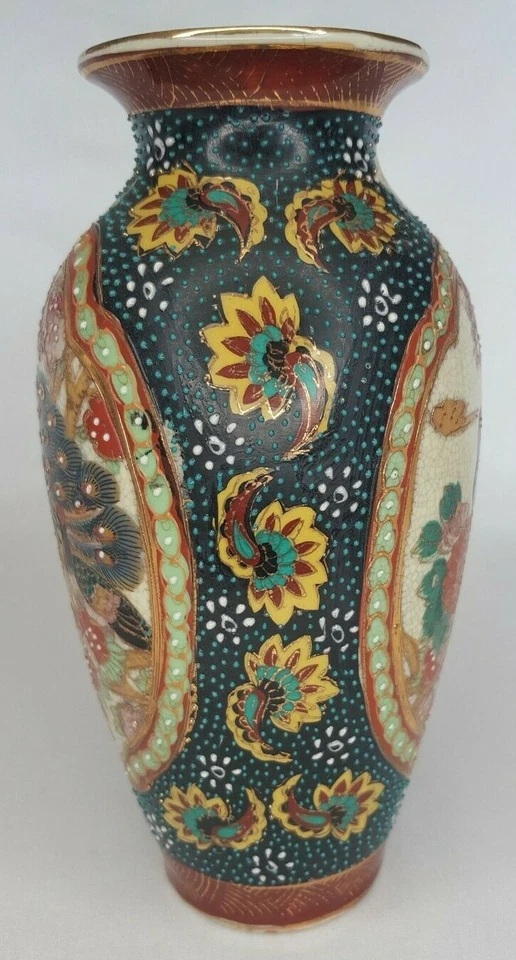 Jarrón vintage de 8,5" con diseño de pavo real pintado a mano con patrón texturizado Foto 4 de 4