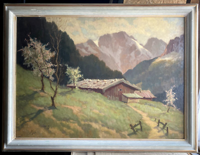 ::OIL PAINTING MONOGRAM F.ST ST. STYRIA SNOW ALP SPRING MOUNTAINS ALPINE HUT
