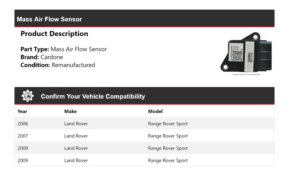 For 2006-2009 Land Rover Range Rover Sport Mass Air Flow Sensor Cardone 2007 - Image 2 of 4