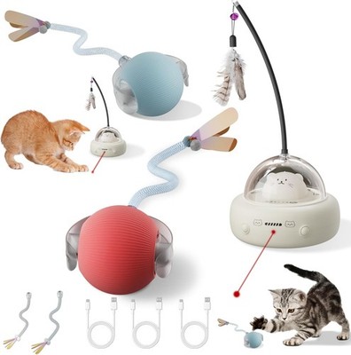 Interactive Cat Toys Set, 1 Automatic Laser Toy with Feather Wand and 2 Cat Ball