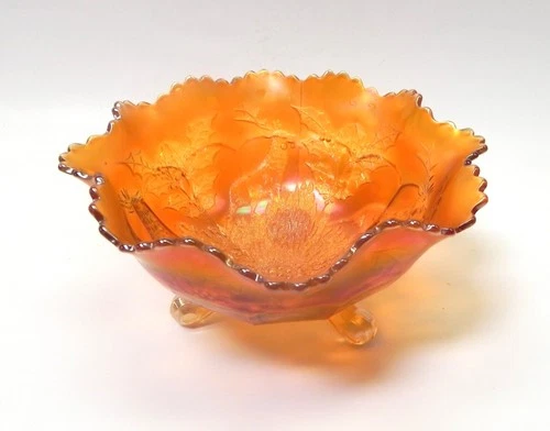 Vintage Fenton Stag & Holly Ruffled Footed Bowl Iridescent Marigold