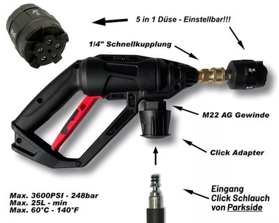 Hochdruckpistole für Parkside u.a. & 5 in 1 Düse Schnellkupplung Click Adapter