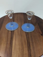 Rare Westmoreland Set Light Blue Candlestick Holders Elegant 1920s Painted 5 In