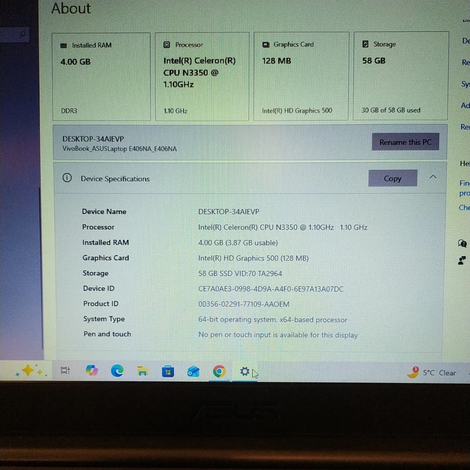 Asus Laptop VivoBook E406NA 14" Intel 1.10GHz 4GB RAM 63 GB EMMC Used Working - Image 4 of 4