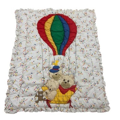 Vtg Glenna Jean Crib Quilt Primary Colors Teddy Bears Hot Air Balloon Hand Sewn