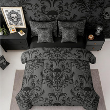 Gothic Sugar Skull Queen Comforter Set 7 Piece Black Grey Floral Bedding