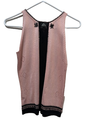 Max Studio Knit Tank Top Pink Black Embroidered Lace Silk Sleeveless XS 