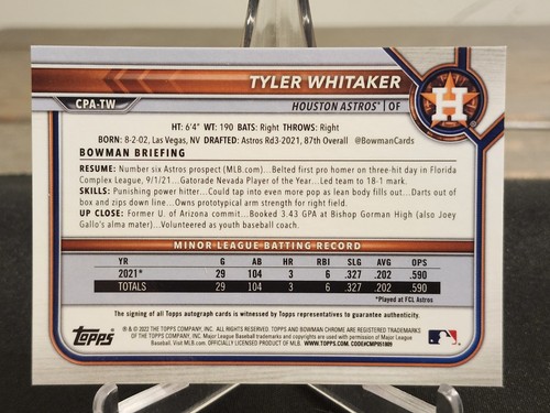 2022 Bowman #CPA-TW Tyler Whitaker Green Chrome Shimmer 1st Bowman Auto /99 - Picture 2 of 2