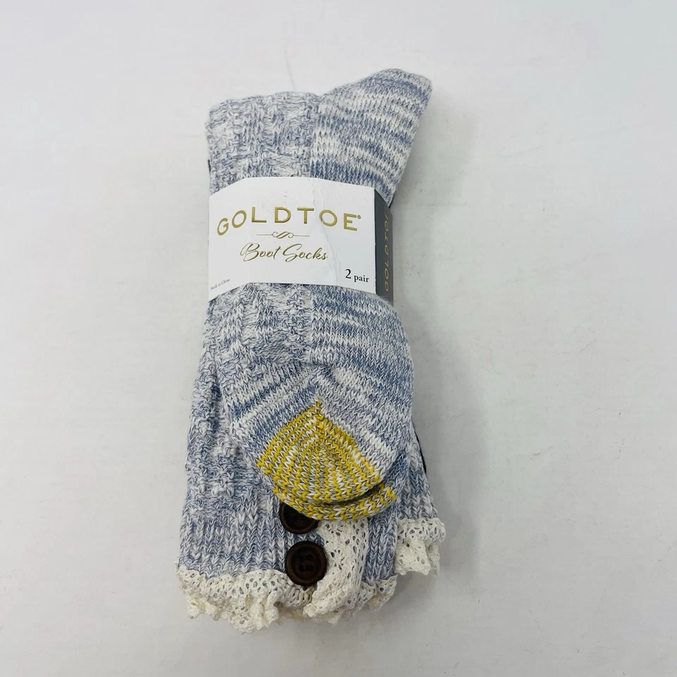 Gold Toe 女式鞋 6-9 码 2 件装褶皱电缆纽扣船员袜蓝色 2584 — 第 2/4 张图片