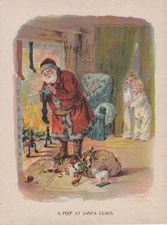 SANTA CLAUS FILLING STOCKING CHRISTMAS EVE LITHOGRAPH SANTA ART PRINT 1901