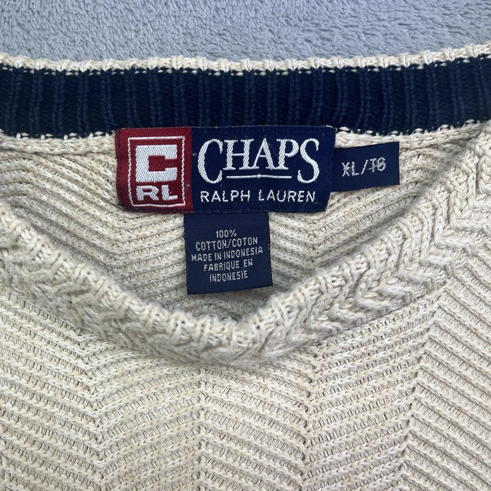 Chaps Ralph Lauren Men’s XL Beige Cotton Crewneck Sweater Chevron Knit Heavy - Image 3 of 4