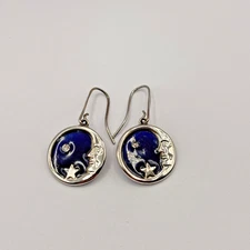 VTG Celestial Moon Star Enamel Drop Earrings Silver Tone Navy Blue Cubic Zirc