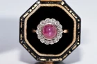Antique Circa 1900s 18k Gold Natural Diamond And Cabochon Ruby Decorated Ring