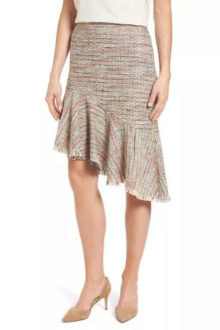 Halogen Tweed Skirt Asymmetrical Midi Skirt Multi Color Fringe Hem
