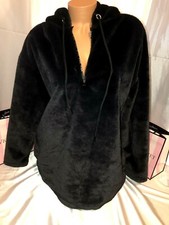 Victorias Secret PINK Faux Fur Hoodie Half Zip Medium Black Super Soft