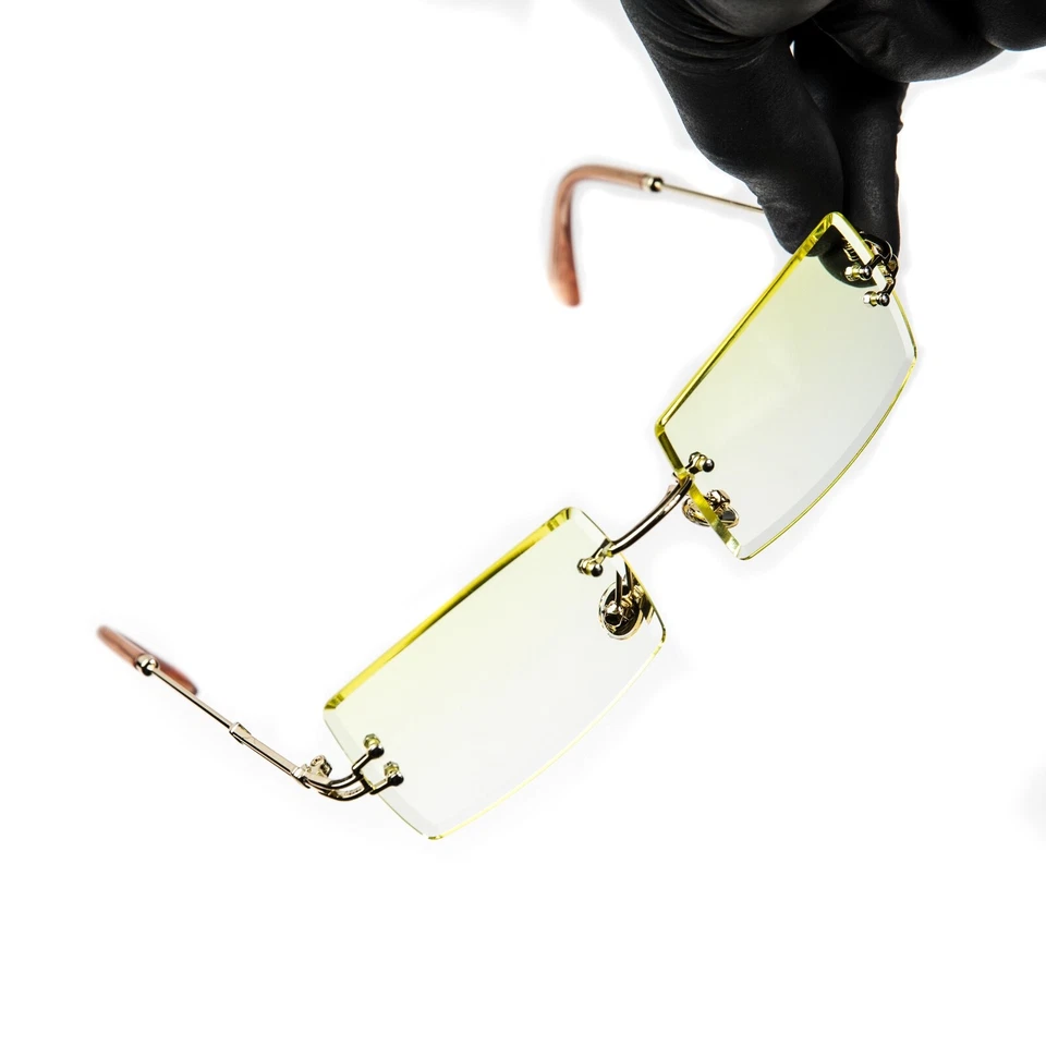 Canary Yellow Tint Men’s Retro Rectangle Buffs Gold Hip Hop Rimless Sunglasses  - Image 2 of 4