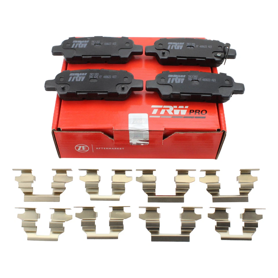 Juego de pastillas de freno traseras cerámicas TRW Pro con clips incluidos para Infiniti Nissan Foto 3 de 4