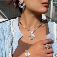 Shiny Silver Plated Leaf Drop Earrings Necklace Bracelet Ring Zircon Jewelry Set