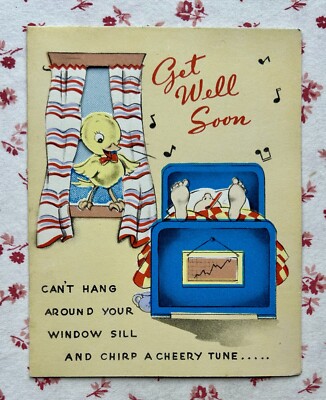 Vintage 1940s UNUSED Cute Yellow Song Bird on Window Get Well Soon Greeting Card