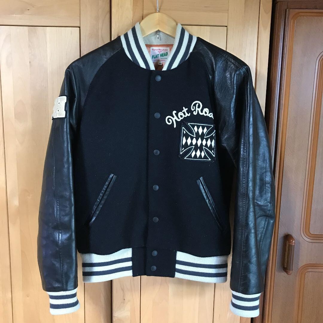 THE FLAT HEAD Melton Stadium Jumper Jacket men Size 36 Black Made 