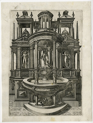 Antiker Meisterdruck-ORNAMENT-ABGETRENNTER KOPF-BRUNNEN-Vredeman Vries-Doetecum-1568