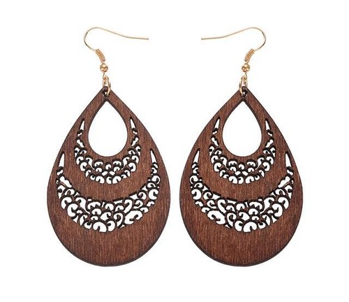 Earrings 925 ECO organic big Wooden Round Hollow Cut Out Boho Retro Dangle Drop - Picture 84 of 89