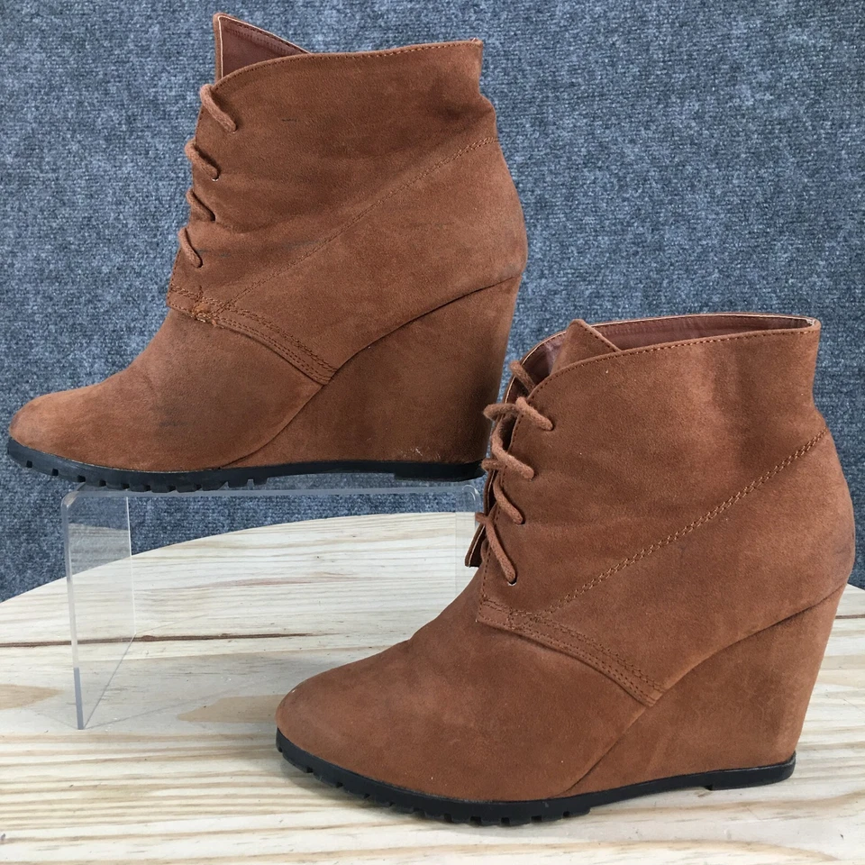 Botas Qupid para mujer 8,5 tacón de cuña botín al tobillo cómodo marrón imitación gamuza con cordones Foto 2 de 4