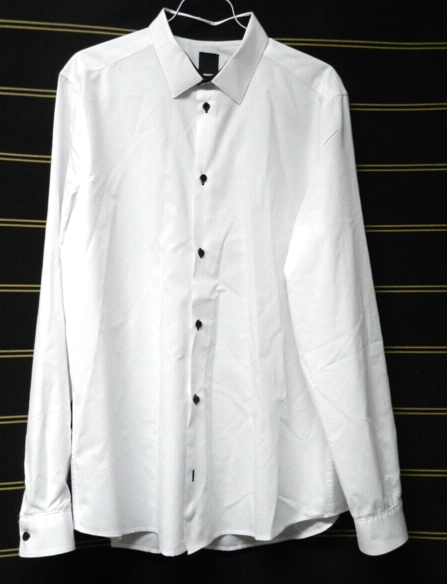 H M Premium Cotton Mans Dress Shirt White BLACK BUTTONS Size L SLIM  FITTED