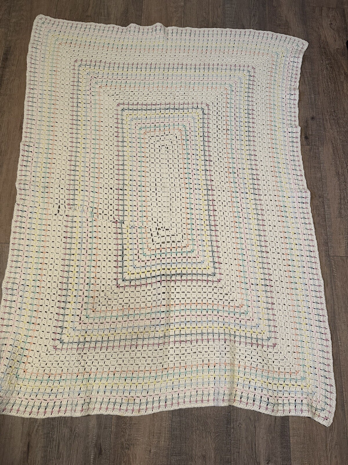 Hand Knit White Multi Color Afghan Blanket Throw Cozy Cottagecore Acrylic 63x48