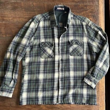 Vintage Flannel Men's 70s 80s Navy Plaid Acrylic Button Up Shirt Size L Shacket