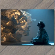 POSTCARD Man Facing Giant Paper Face Sculpture Dreamy Surreal Blue Light Fantasy