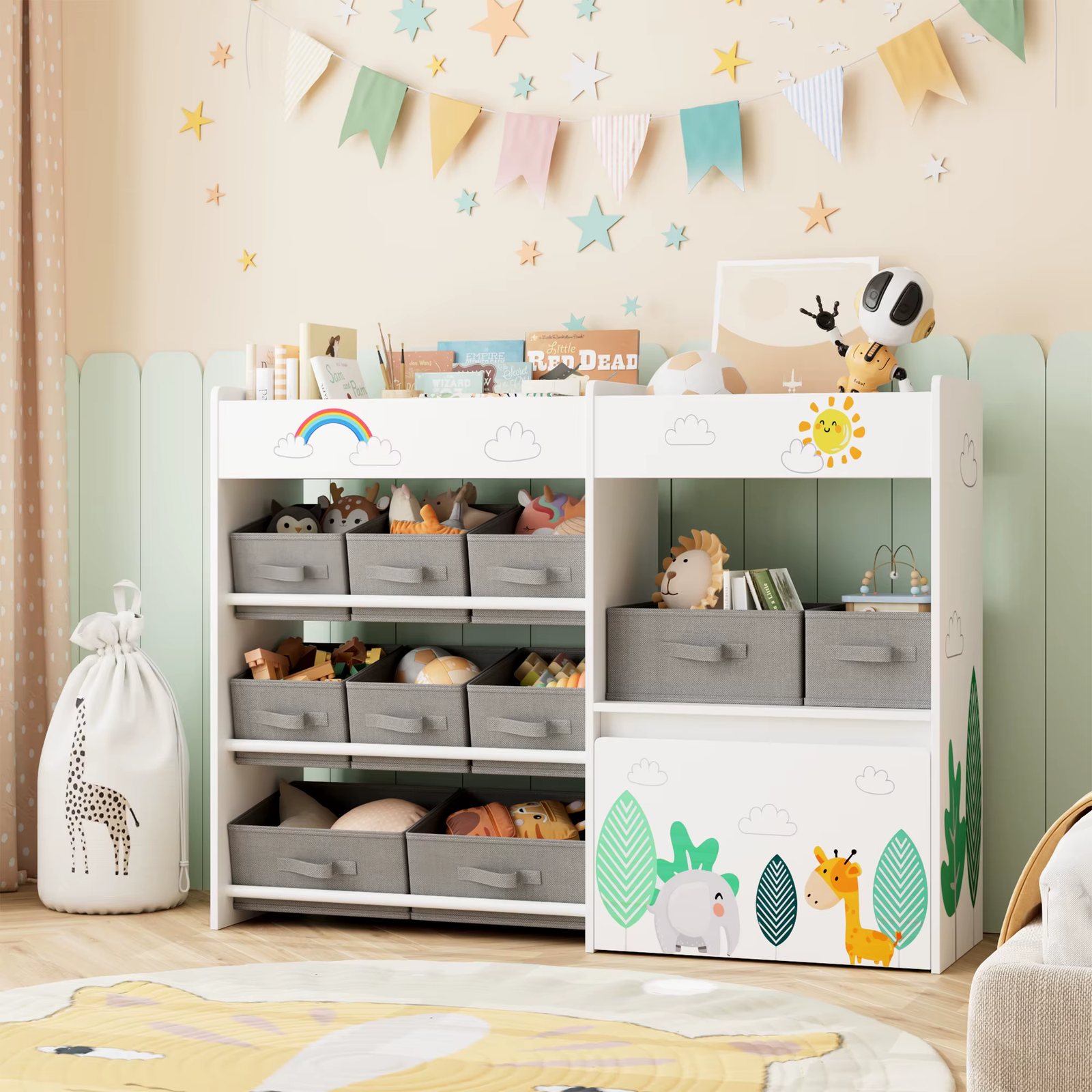 Kids Toy Storage Unit Shelf 10 Fabric Boxes Bookcase Wheels Organiser Playroom