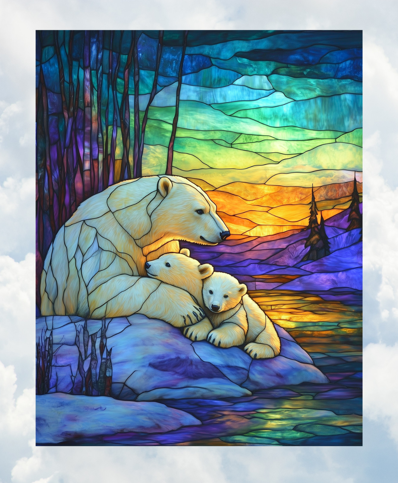Polar Bear Family Faux Stained-Glass WINDOW CLING Size 10.2" Vinyl