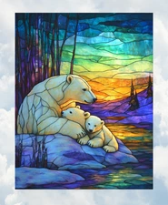 Polar Bear Family Faux Stained-Glass WINDOW CLING Size 10.2" Vinyl