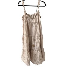 J. Crew Beachwear Brown & White Stripe Linen Long Ruffle V-Neck Sun Dress Size S