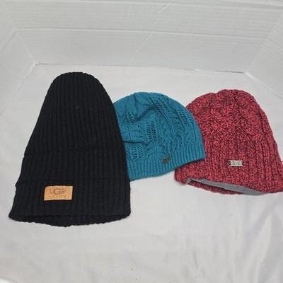 Lot Of 3 Beanies Women Ugg Black Fox Blue Under Armour Red Euc Winter