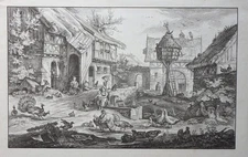 FEDOR REUSCHE GRAPHIC WOODCUT FARM IN THE EVENING SIGNED DRESDEN 1860