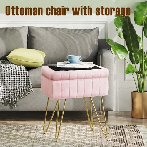  Vanity Stool Chair Faux Fur with Storage, 15.7"L x 11.8"W x 19.4"H Soft Pink - Image 4 of 4