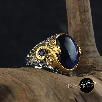 Blue Tiger's Eye 925 K Silver Mens Ring,Gold & Rhodium Plated Snake Design